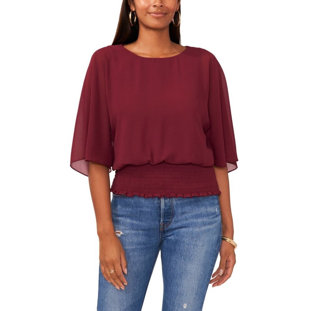 Sam‎ & Jess Womens Size Small Elbow Length Smocked-Waist Top in Merlot $59 2593